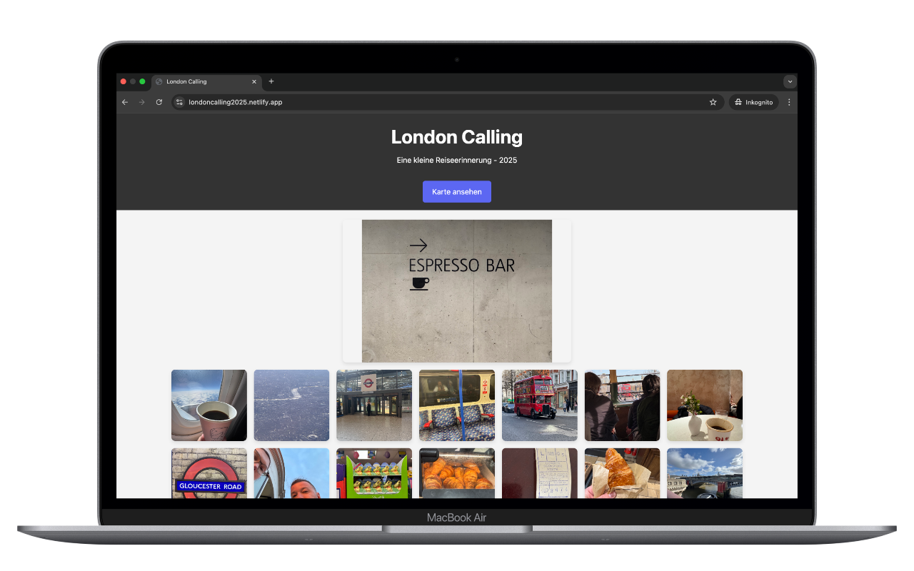 London Calling 2025 - Minimalistische Reisewebsite mit interaktiver Karte und Fotogalerie